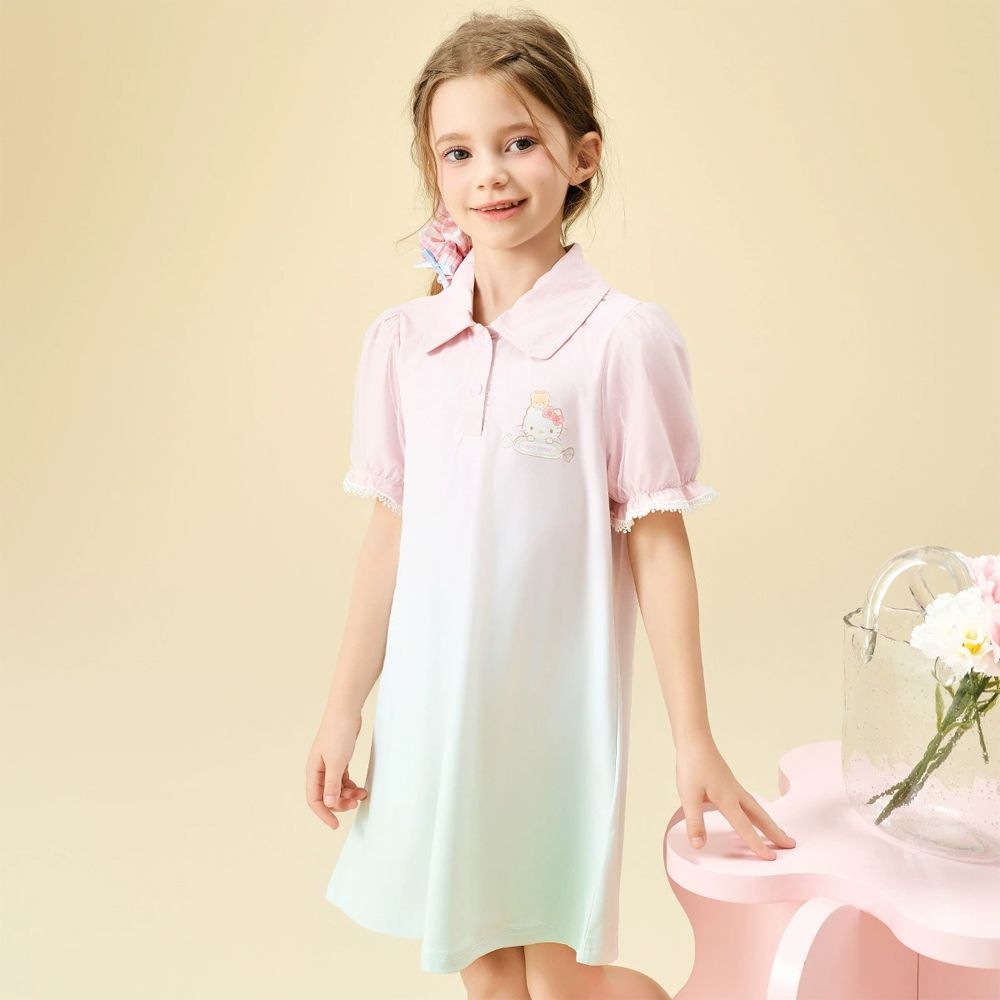 夢幻漸層翻領網紗泡泡短袖洋裝-卡通人物Hello Kitty-粉色