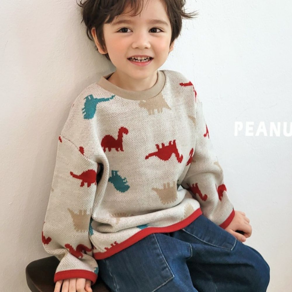 Peanuts House 撞色恐龍針織長袖毛衣-米杏