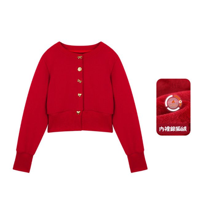 新年拜年紅色法式蝴蝶結金釦棉質開襟衫外套  紅色上衣外套