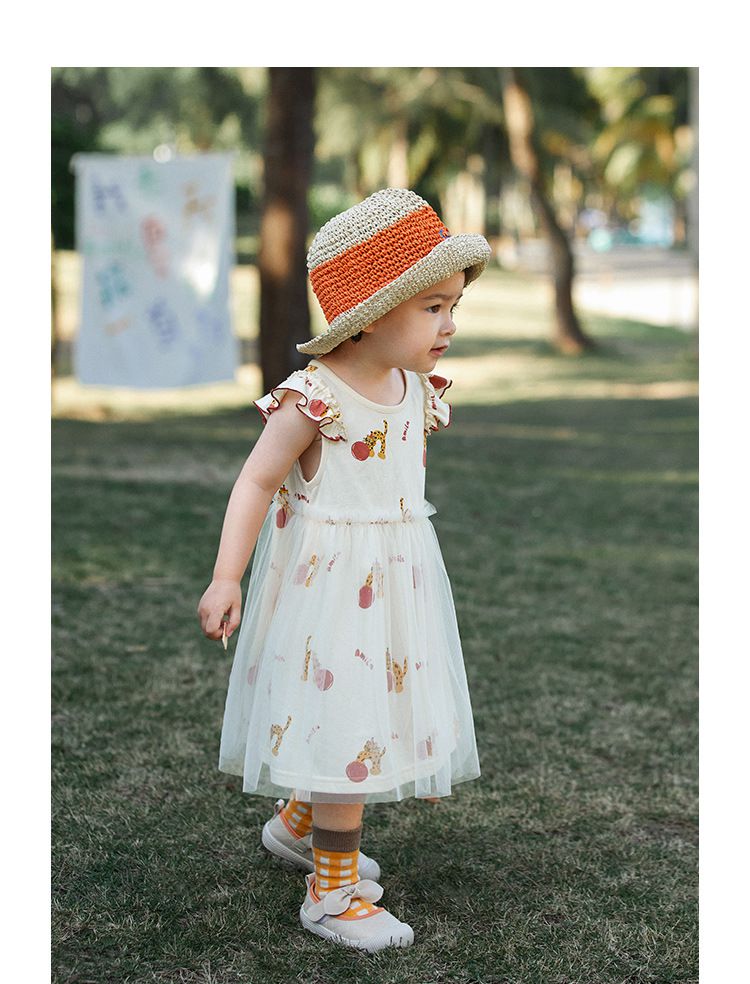 網紗公主袖連身洋裝-豹紋貓貓-白色