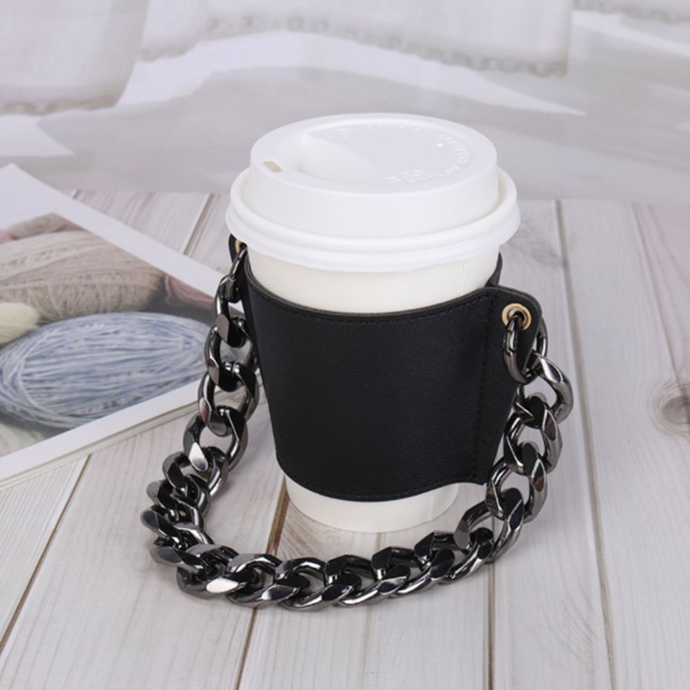 時尚手鏈咖啡皮質杯套-金屬鏈+黑色杯套
