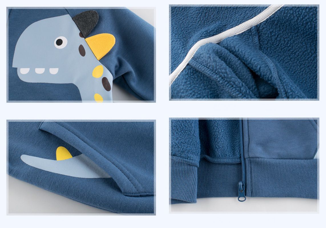 加絨棉混紡連帽外套-可愛恐龍-藍色