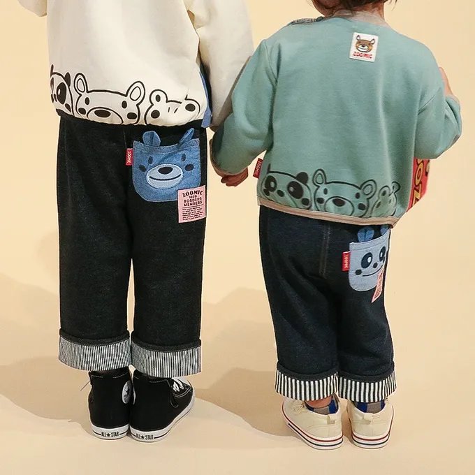 日本 ZOOLAND - 可愛熊口袋條紋反摺七分褲-小熊-黑