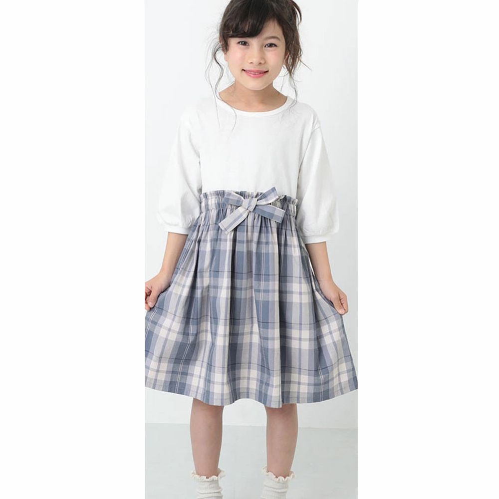 日本 devirock - 拼接蝴蝶結七分袖洋裝-格紋-白藍