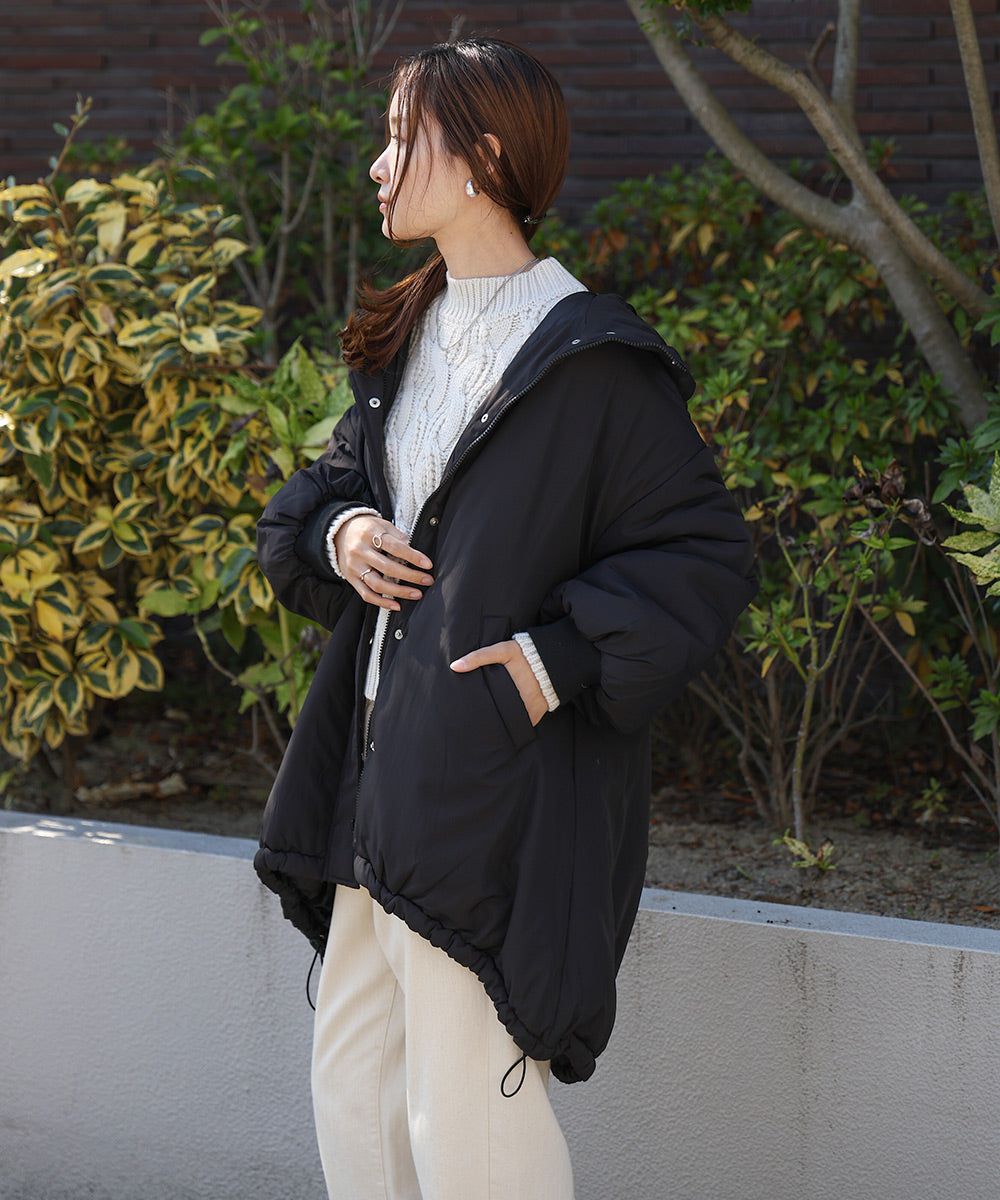 日本 Bab - 時尚大廓形抽繩連帽鋪棉外套-灰