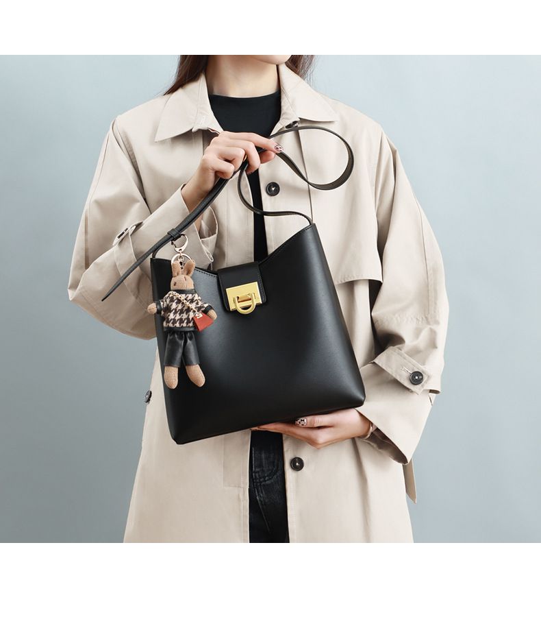 真皮時尚水桶包/單肩斜背包-棕色 (27.5x22.5x10.5cm)