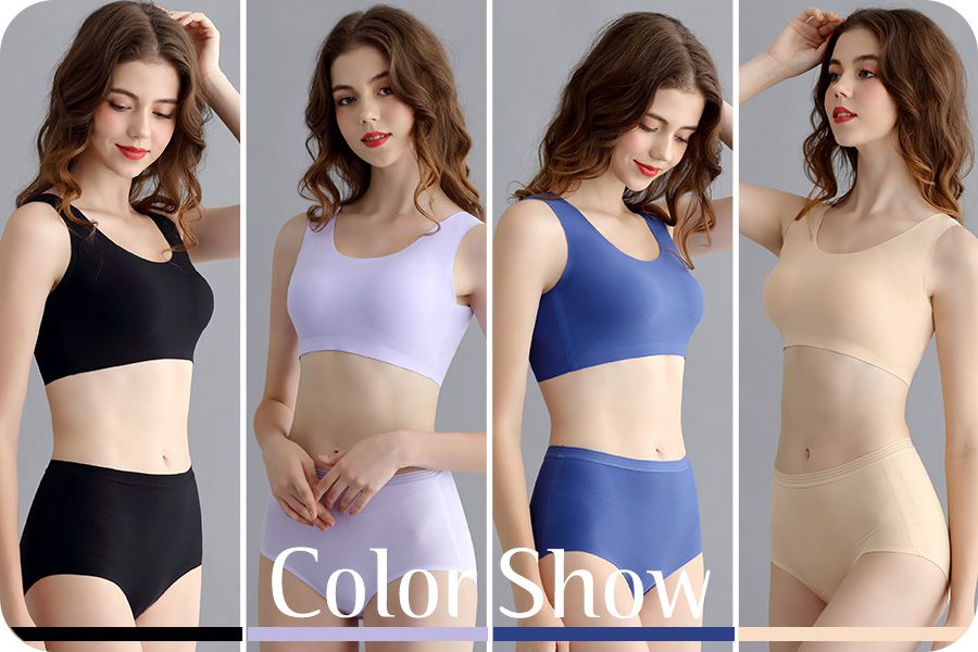 香茉 CHANMODE - 冰絲孔洞透氣蠶絲無鋼圈內衣-單套組-無鋼圈內衣套組-寶藍-內衣+內褲x1套