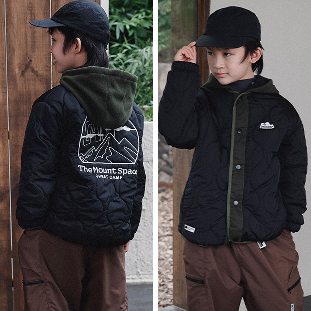 異材質拼接連帽鋪棉外套-黑色