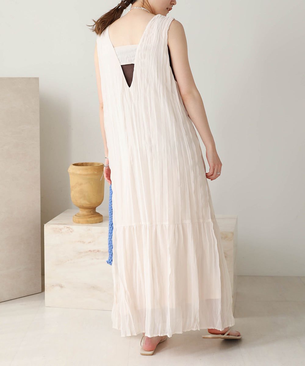 日本 Bab - V領浪漫飄逸無袖洋裝-米杏