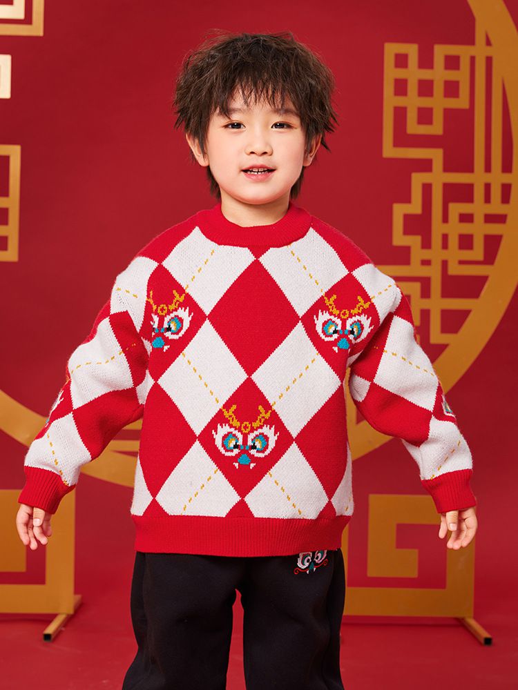 (加絨)喜氣拜年圓領針織長袖毛衣-福氣龍-紅+白