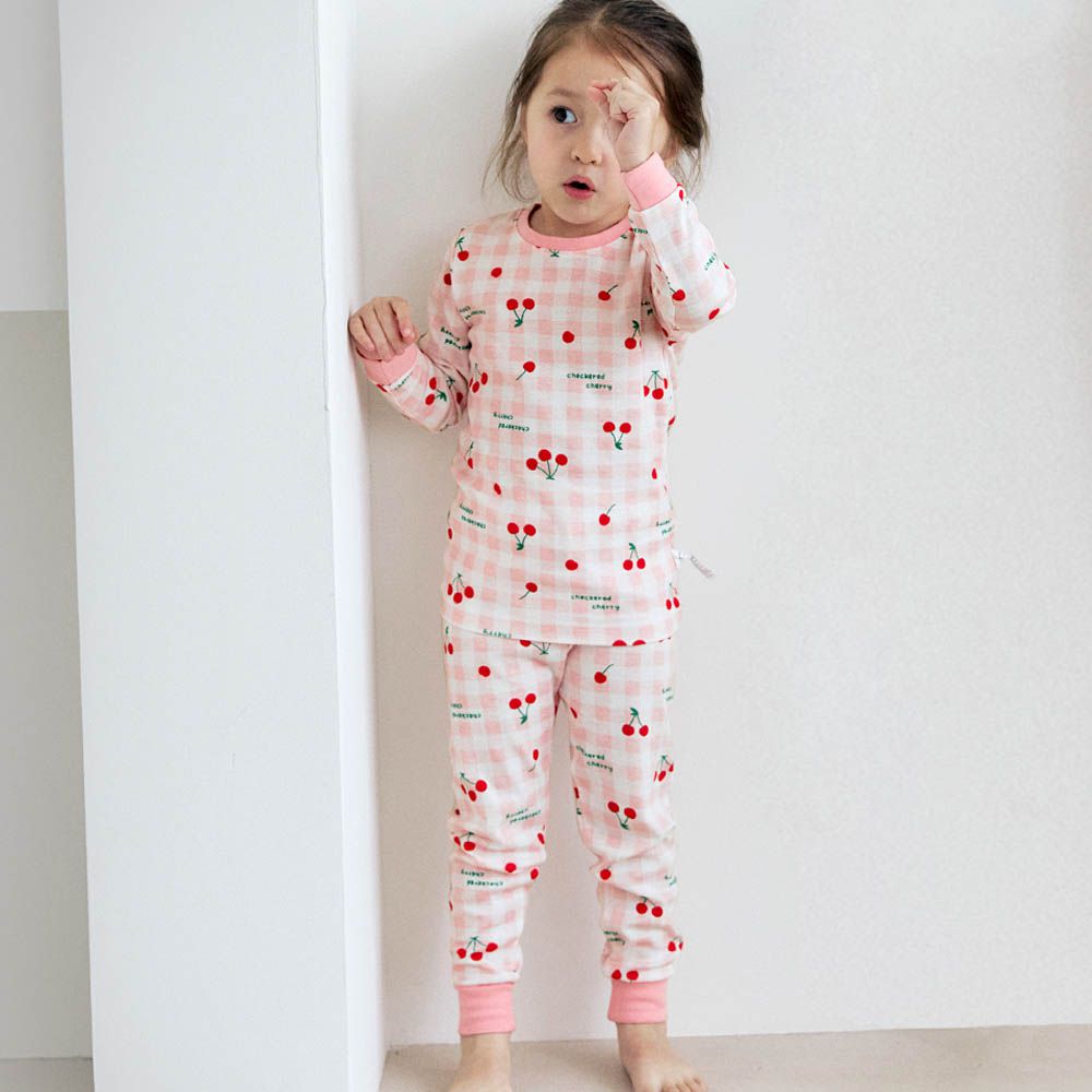 細緻柔棉彈性長袖家居服-格紋櫻桃-粉