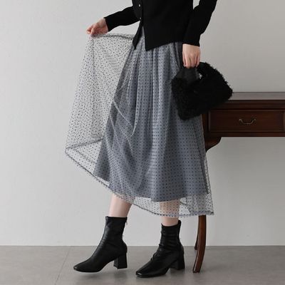 日本 BLUE EAST - 華麗雙層薄紗魅力長裙(可選長度)-水玉-灰