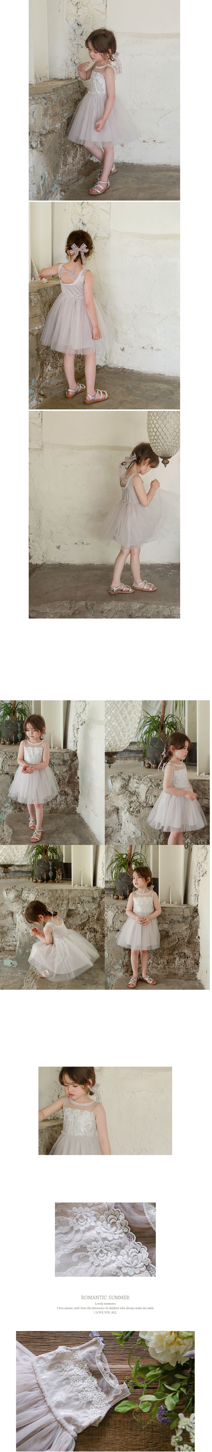 韓國 Puellaflo - 後背鏤空蝴蝶結華麗刺繡花朵網紗洋裝-淺灰