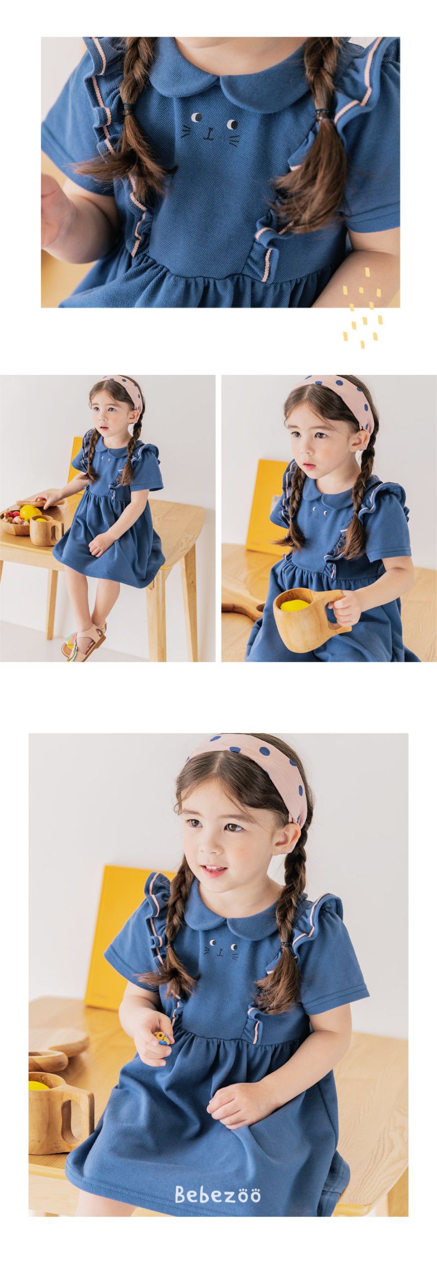 韓國 Bebezoo - 荷葉裝飾小貓咪洋裝-深藍