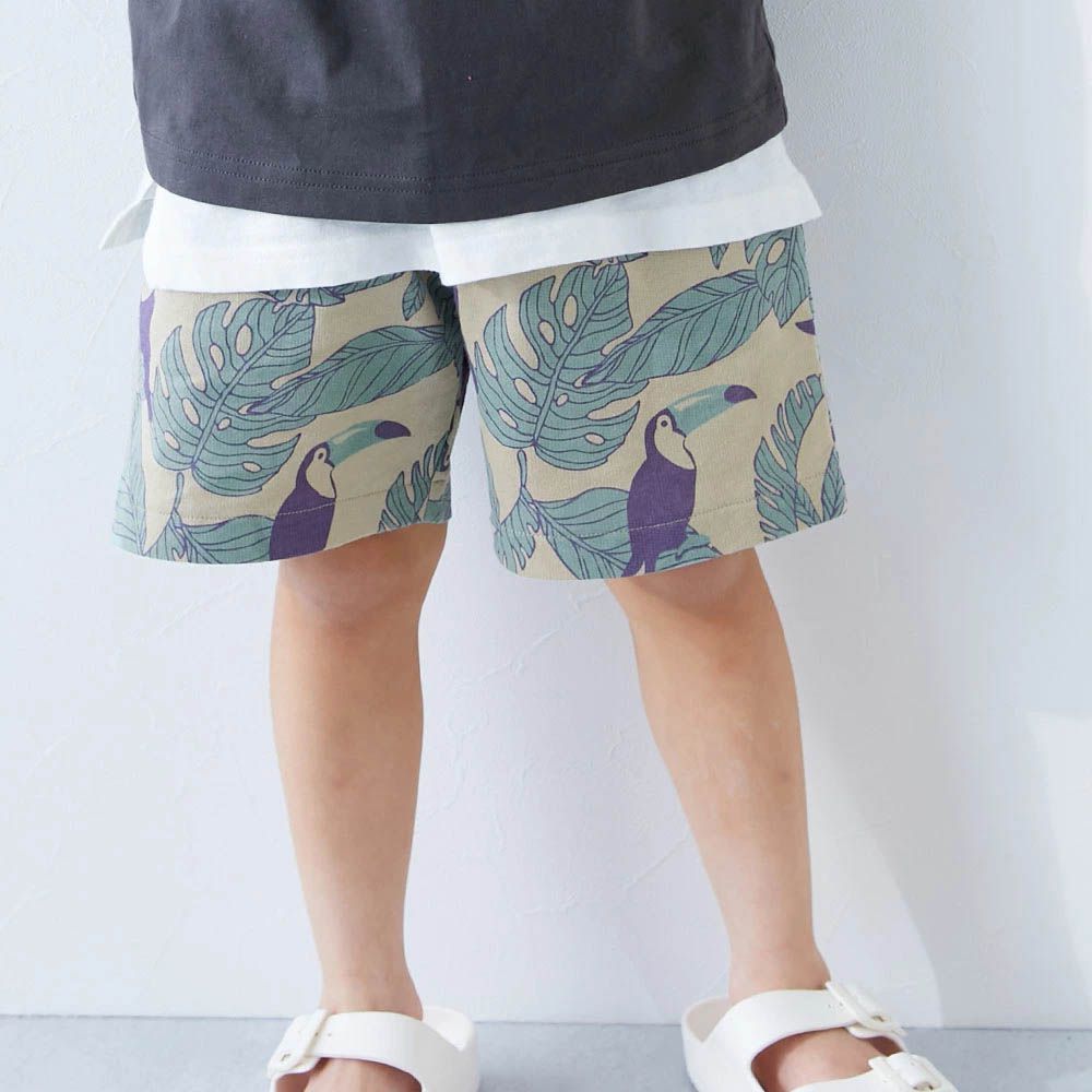 夏日印花純棉寬版短褲-植物與鳥-淺米棕