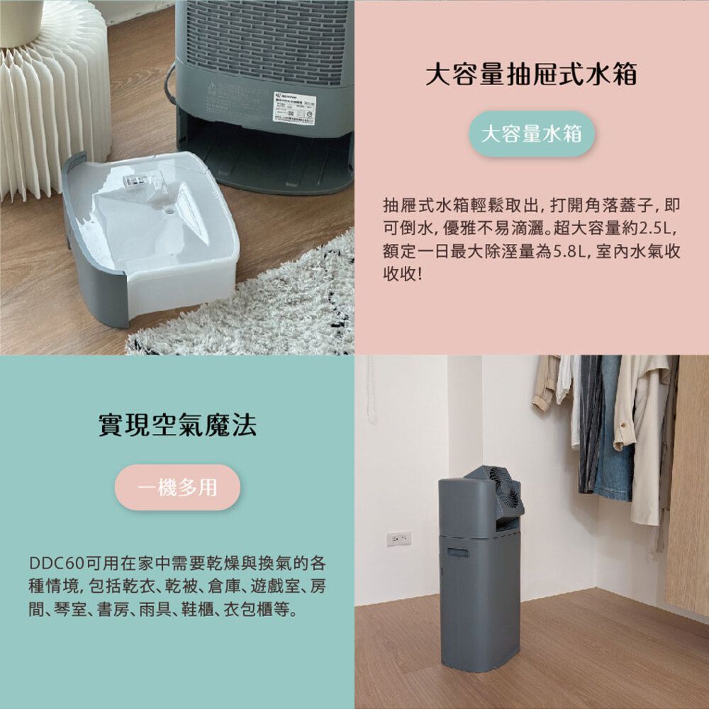 日本IRIS DDC-60 乾燥循環除濕機 | 空氣魔法師、冷風循環扇、極致乾燥 (灰藍色)