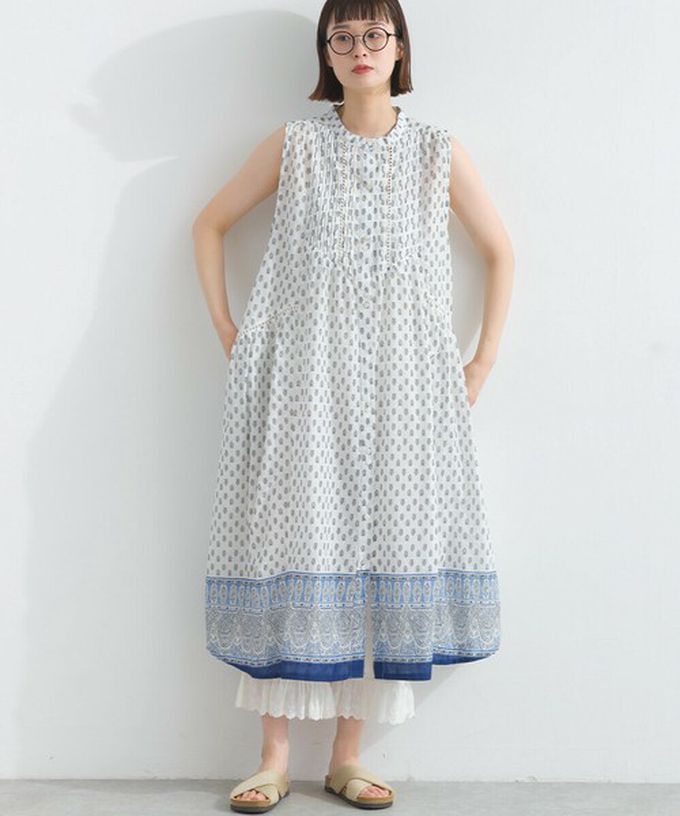 日本 Lupilien - 100%印度棉 清新印花柔軟洋裝-圖騰-白