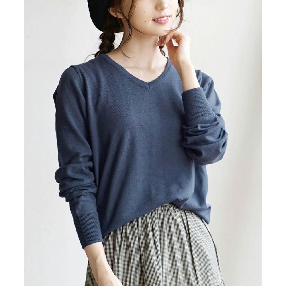 日本 zootie - 100%棉 輕盈柔軟薄針織上衣-V領-煙燻藍