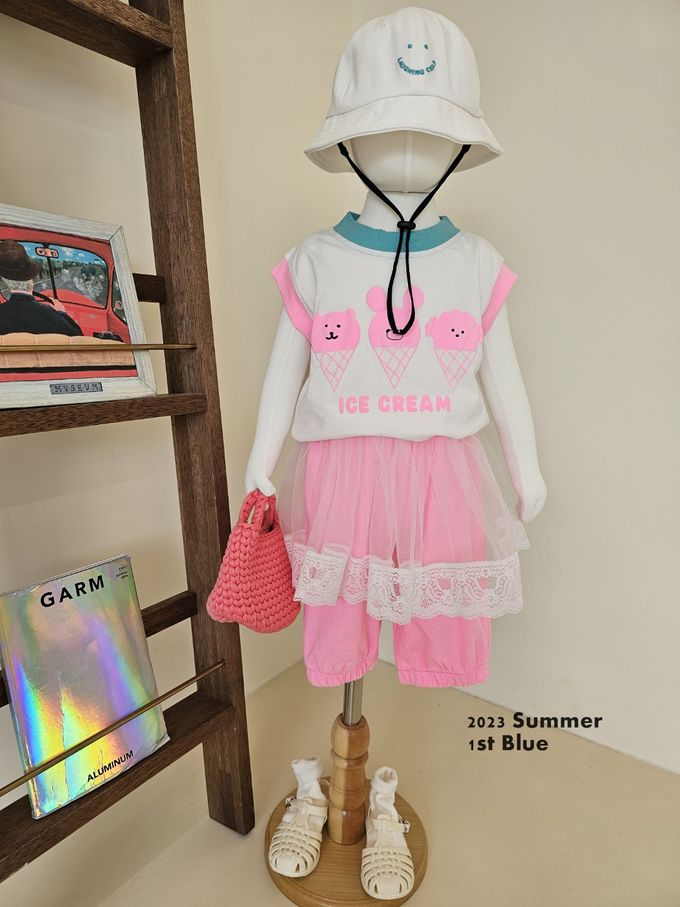 韓國 First Blue - 動物甜筒印無袖上衣-白X桃粉X藍綠