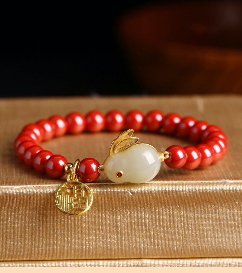 S925銀珠沙玉兔手鍊-8MM紫金砂