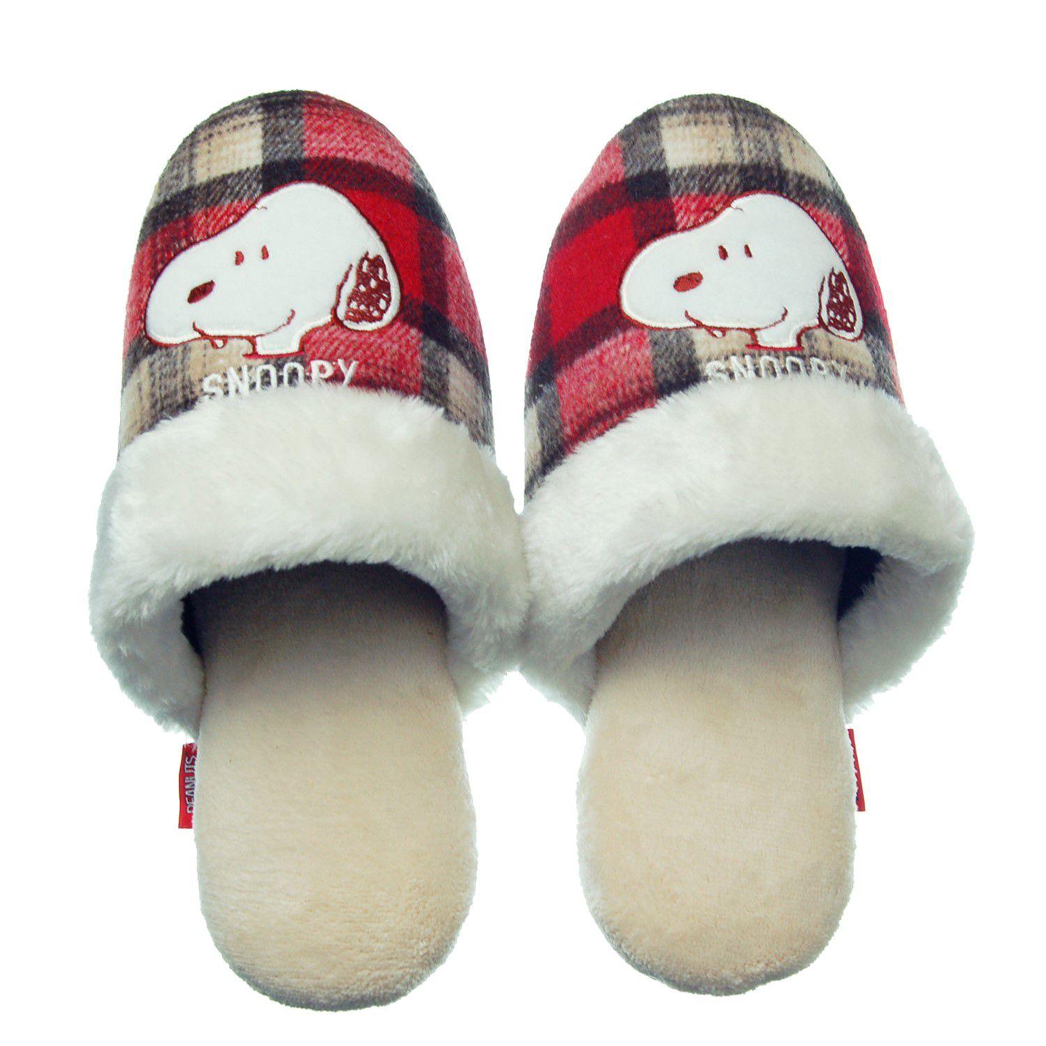日本千趣會 - 史努比 毛絨絨拼接室內拖-紅格紋 (22-24cm)
