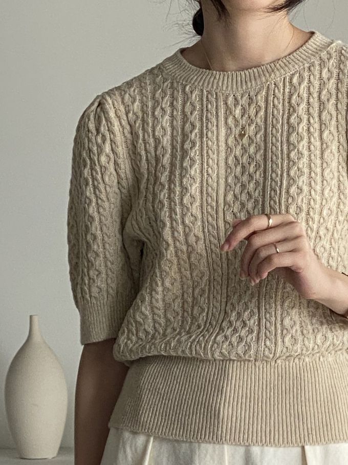 韓國女裝連線 - 麻花辮編織五分袖針織上衣-卡其 (FREE)