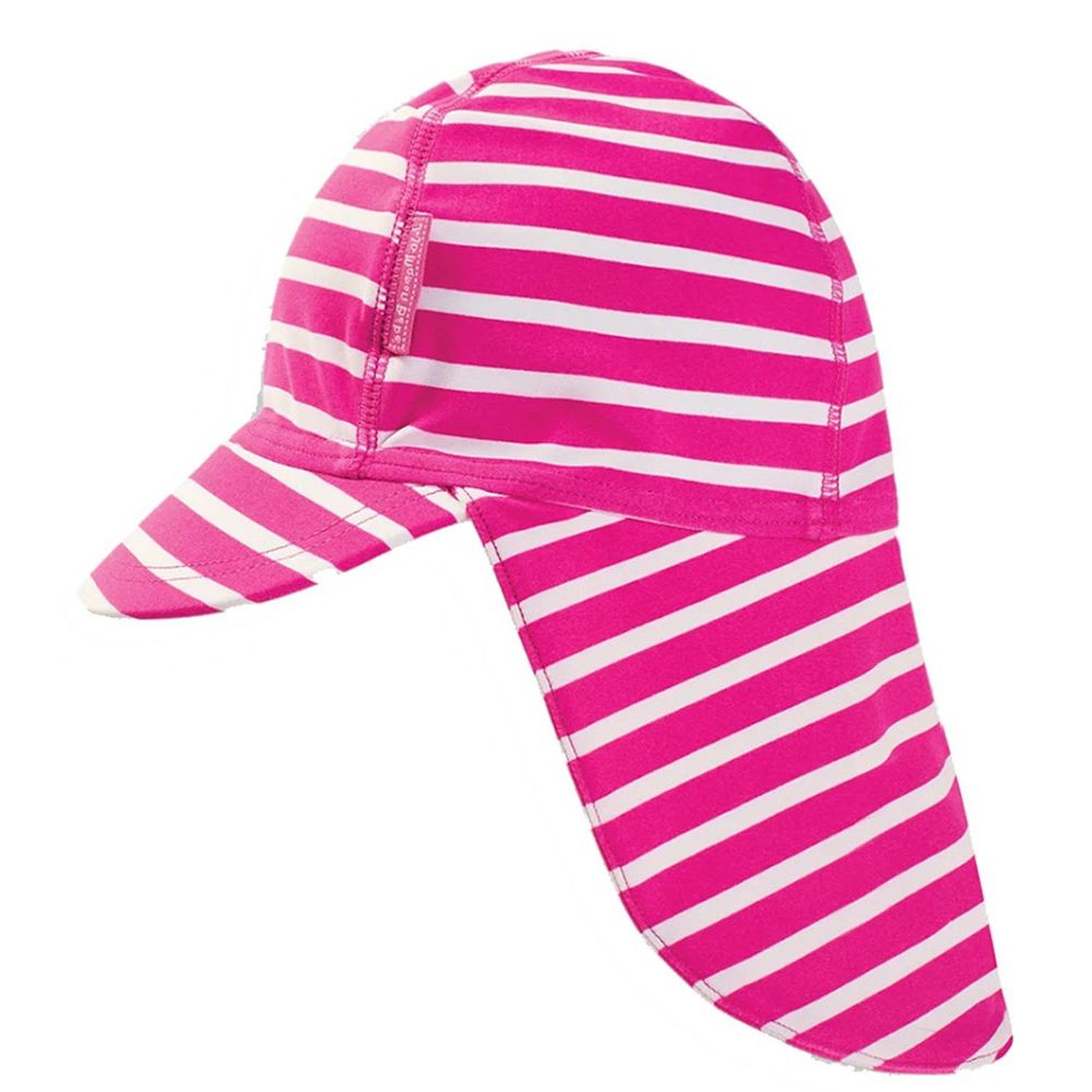 英國 JoJo Maman BeBe - 嬰幼兒/兒童泳裝戲水UPF50+防曬護頸遮陽帽-桃紅條紋