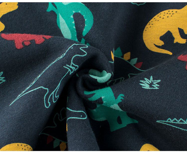 加絨棉質圓領長袖上衣/大學T-滿滿恐龍-深藍色