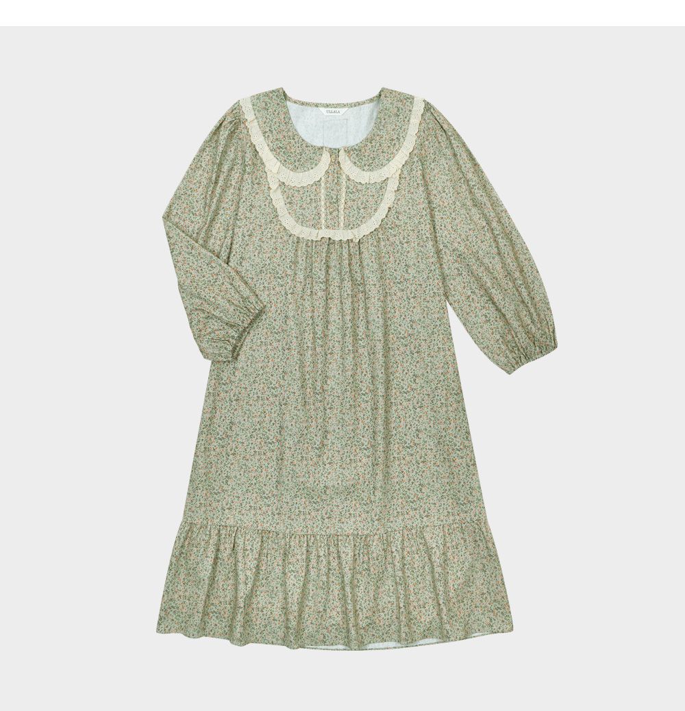 韓國 ULLALA - 浪漫碎花純棉長袖睡衣-(洋裝式)-薄荷綠 (FREE)