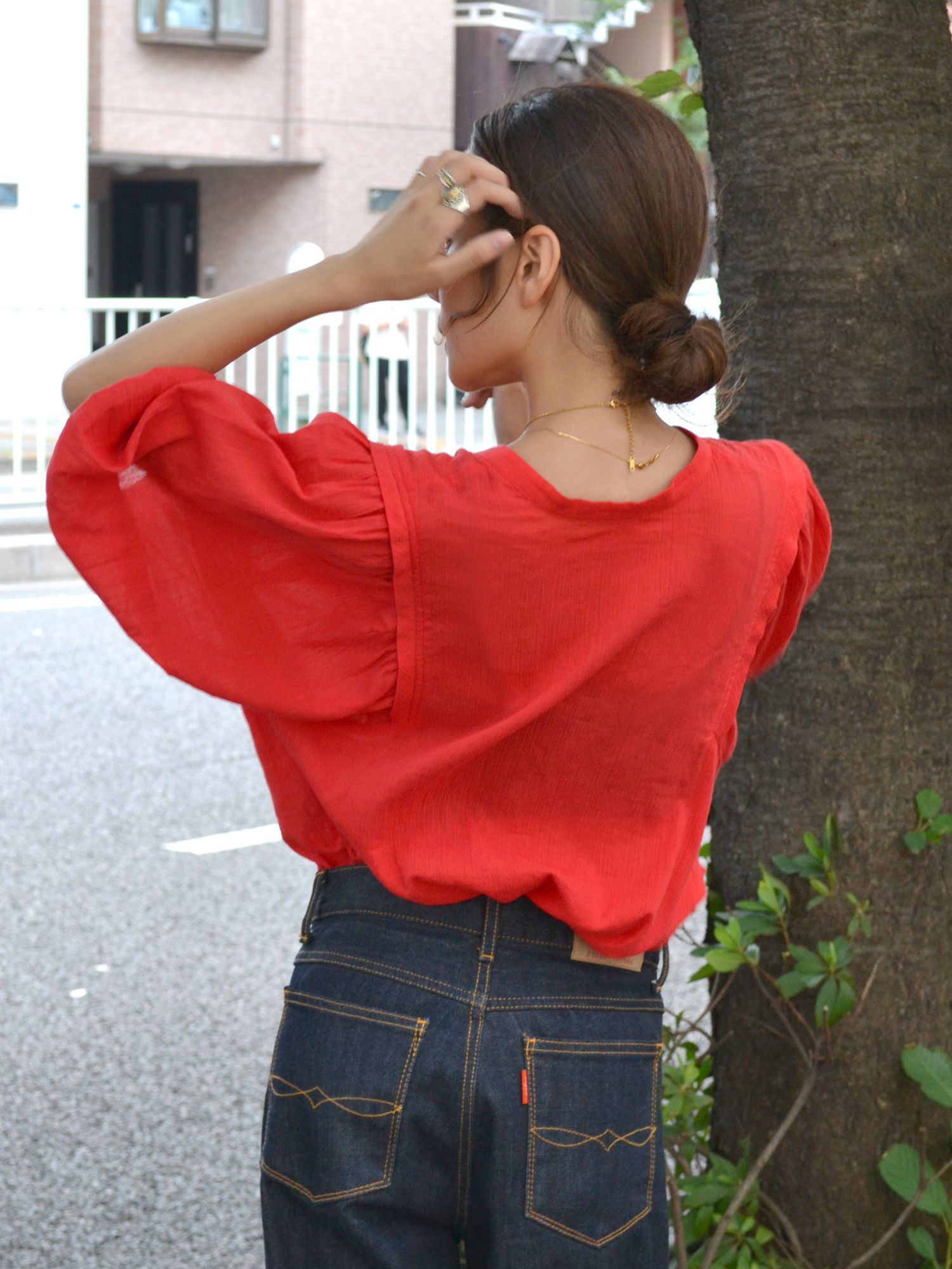 日本 Ungrid - 氣質優雅泡泡袖襯衫-紅 (F)