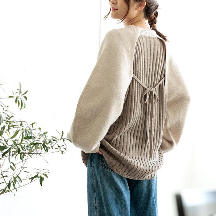 日本 ihuu - [熱銷款] 針織拼接後綁帶氣球袖毛衣-淺灰