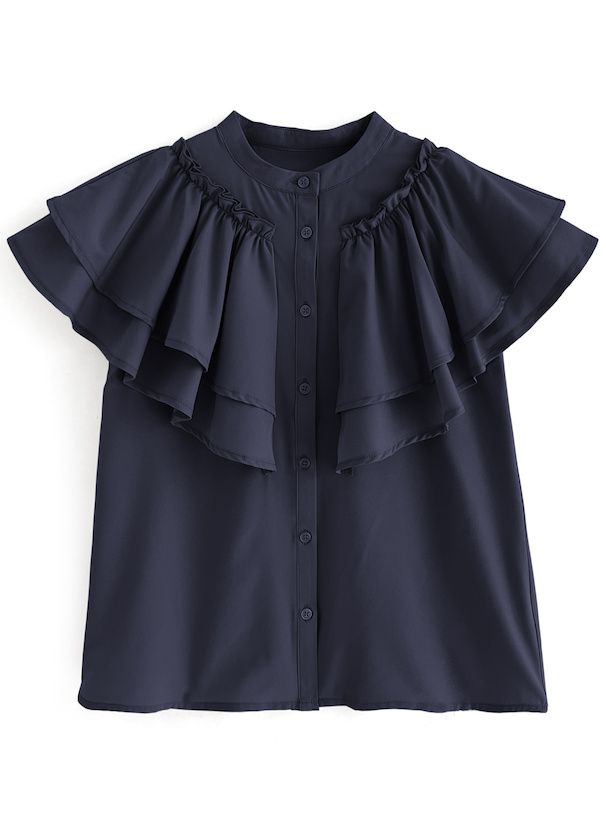 日本 GRL - 夢幻荷葉領層次短袖襯衫-深藍 (F)