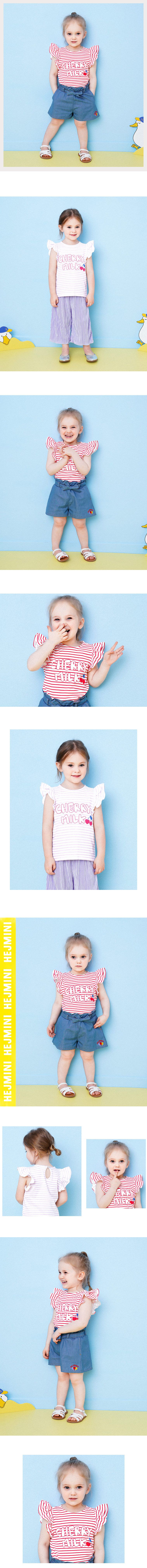 韓國 HEJMINI - 立體荷葉袖條紋櫻桃上衣-淺紫