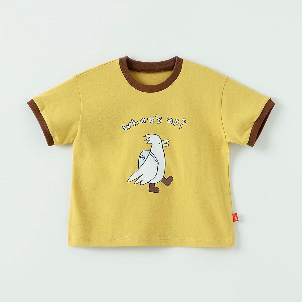 可愛印花純棉短袖上衣-書包小鳥-芥黃