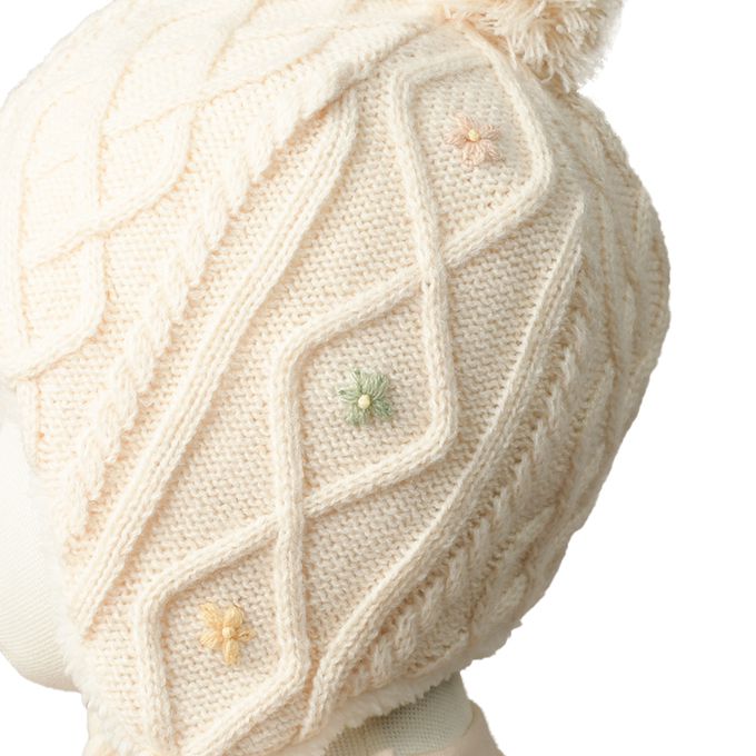 akachan honpo - 冬季針織帽-刺繡-象牙白色