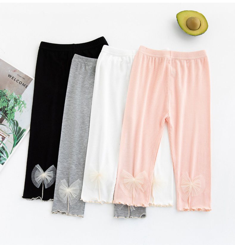 FANMOU - 莫代爾螺紋透氣七分內搭褲-扇貝蝴蝶結-灰色