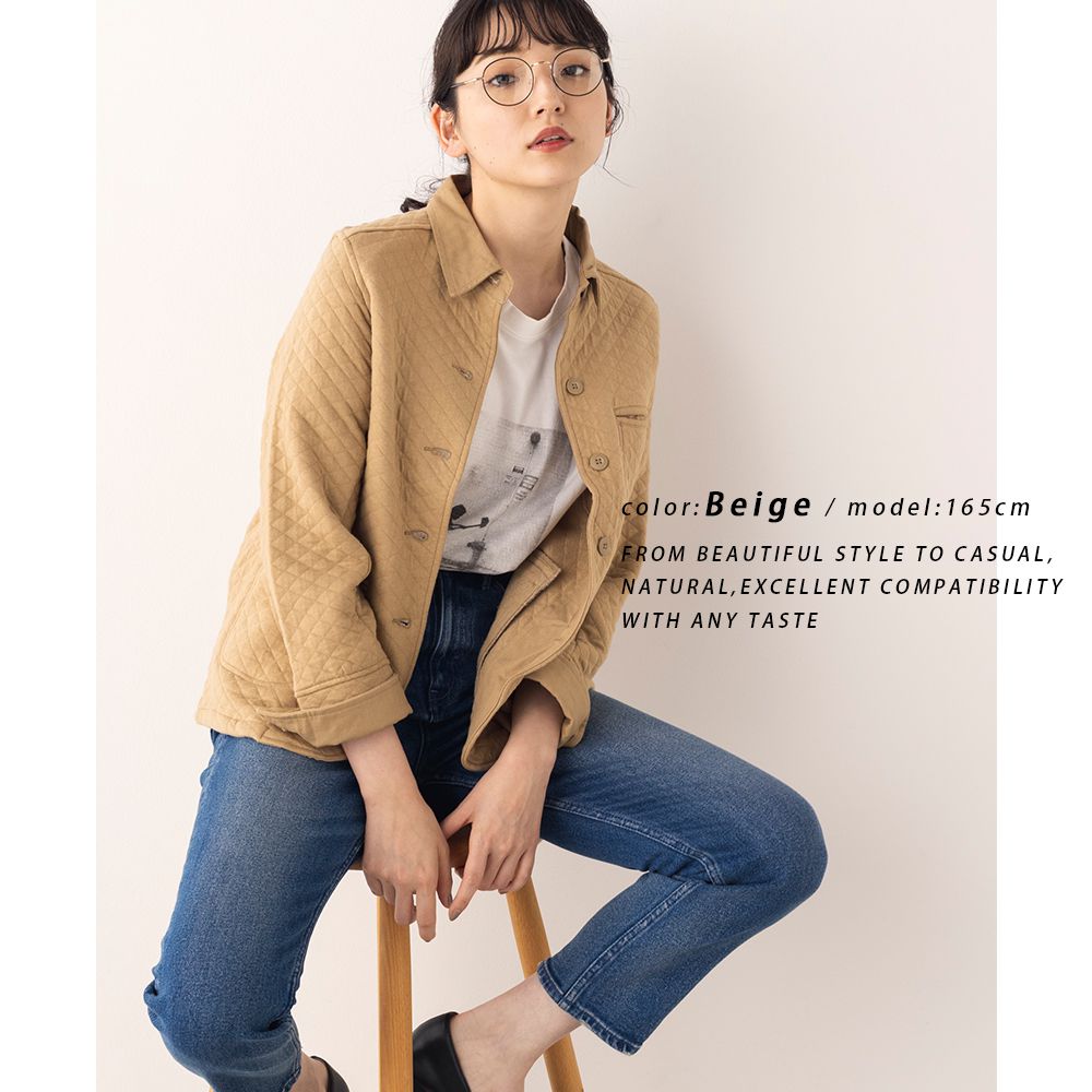 日本 OMNES - 時尚菱紋鋪棉西裝外套-卡其
