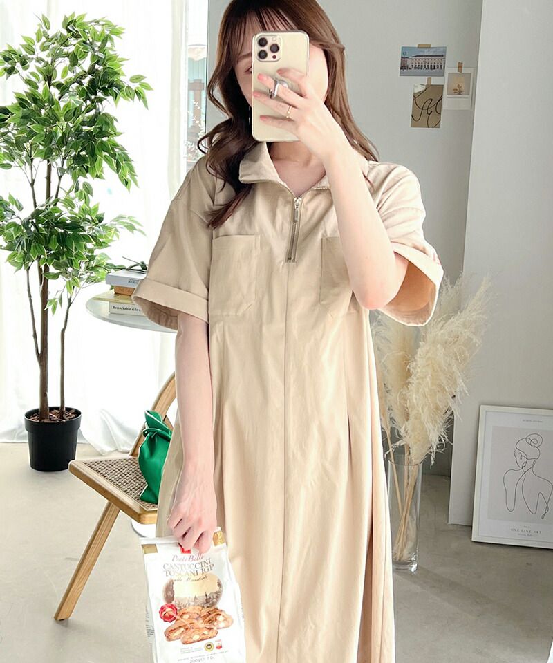 日本 Classical Elf - 酷甜工裝風拉鍊翻領洋裝-焦糖棕