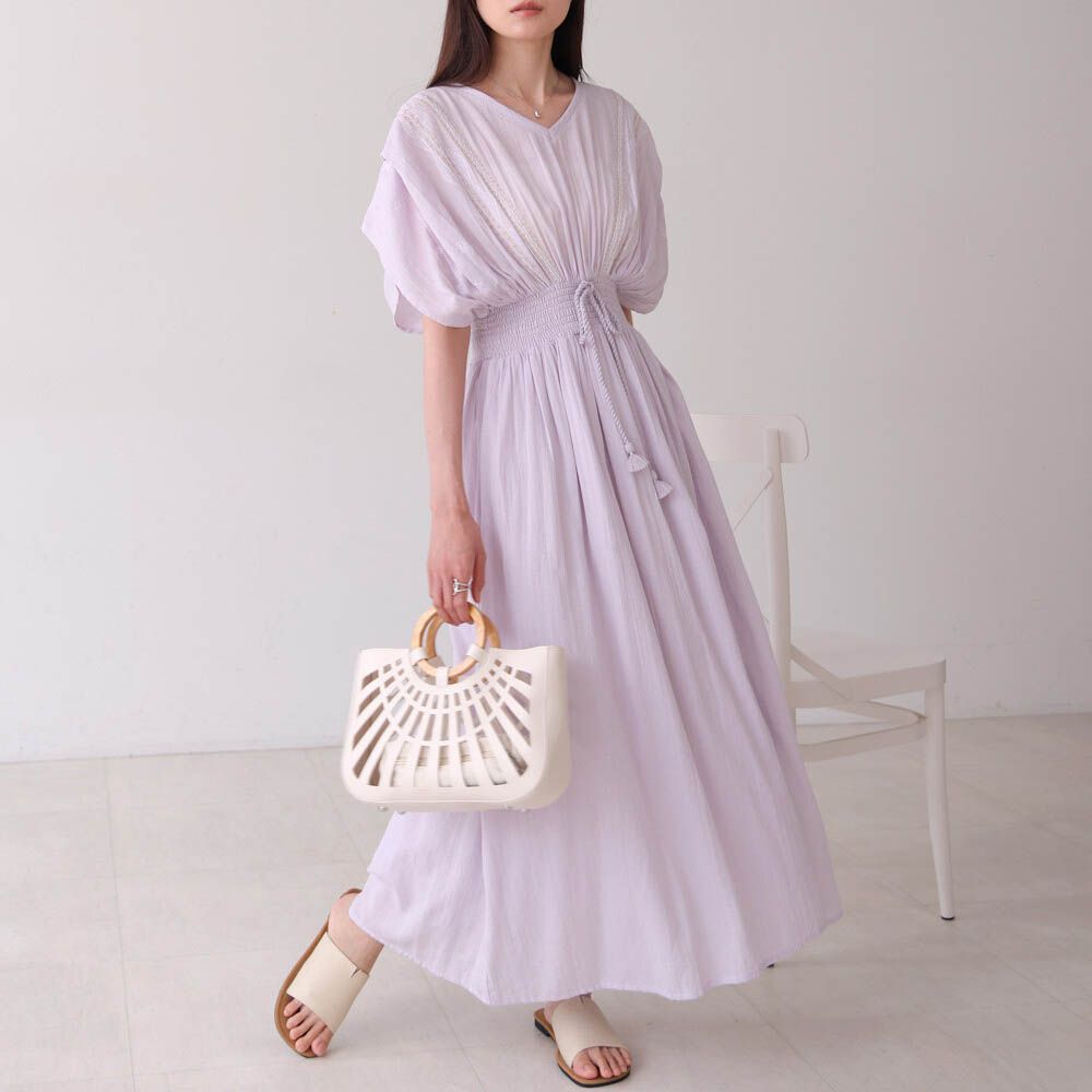 100%印度棉 素雅刺繡收腰短袖洋裝-淺紫