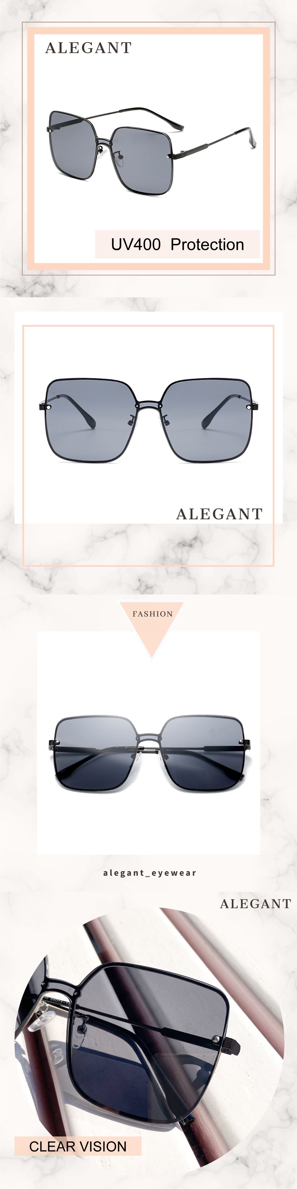 ALEGANT - 韓系時尚復紗黑鑲嵌方框墨鏡│UV400太陽眼鏡