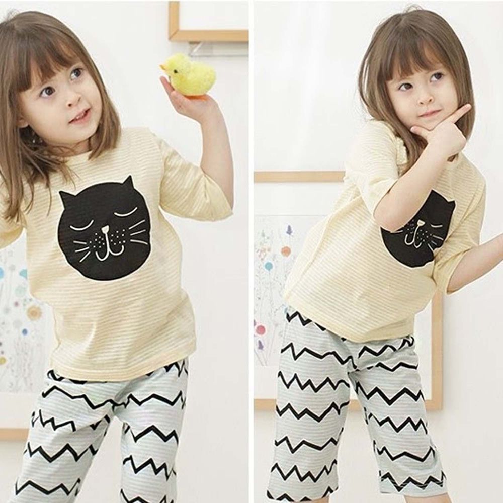 韓國Jota - 韓國製100%純棉七分袖家居服-黑色小貓