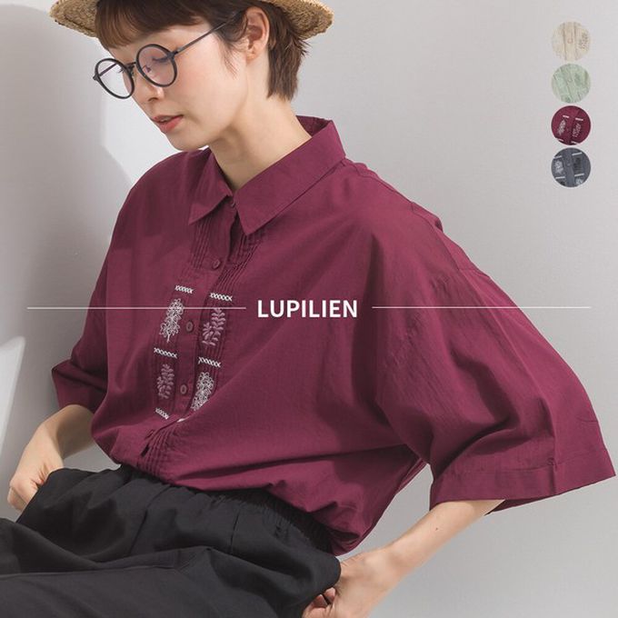 日本 Lupilien - 印度棉 低調植物刺繡短袖襯衫-酒紅