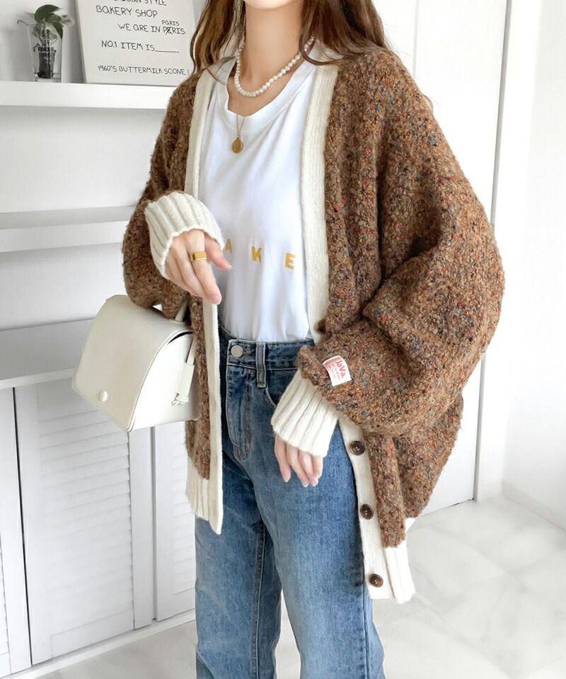 日本 Classical Elf - Java聯名 前後穿混彩針織開襟衫-卡其