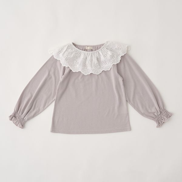 日本 Lycee mine - 大片荷葉蕾絲領束口長袖上衣-薰衣草