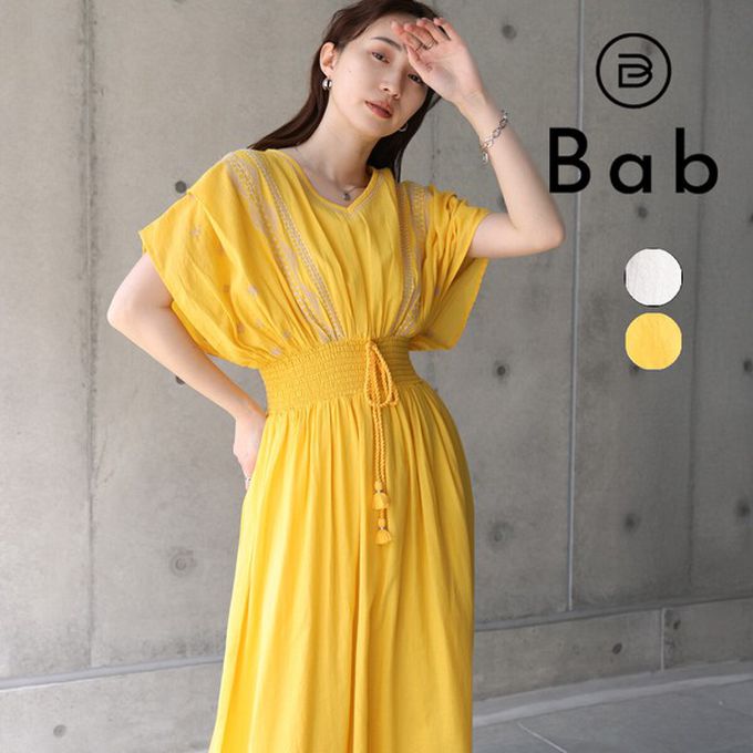 日本 Bab - 100%印度棉 素雅刺繡收腰短袖洋裝-象牙白