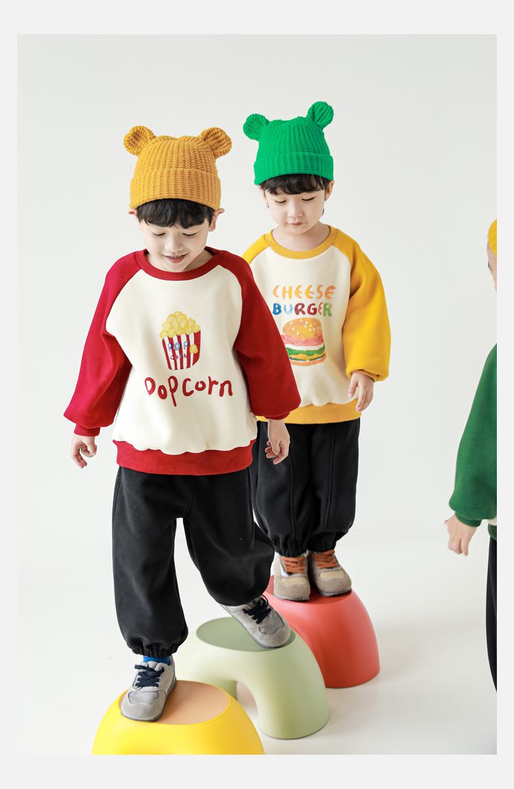 TONGMO - (加絨)卡通圓領保暖長袖上衣/大學T-漢堡-黃+米白