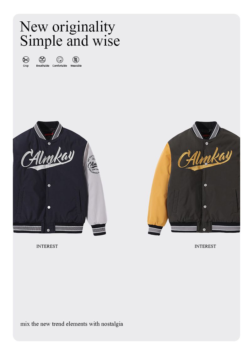 雙排扣加厚夾棉刺繡棒球外套-黃色