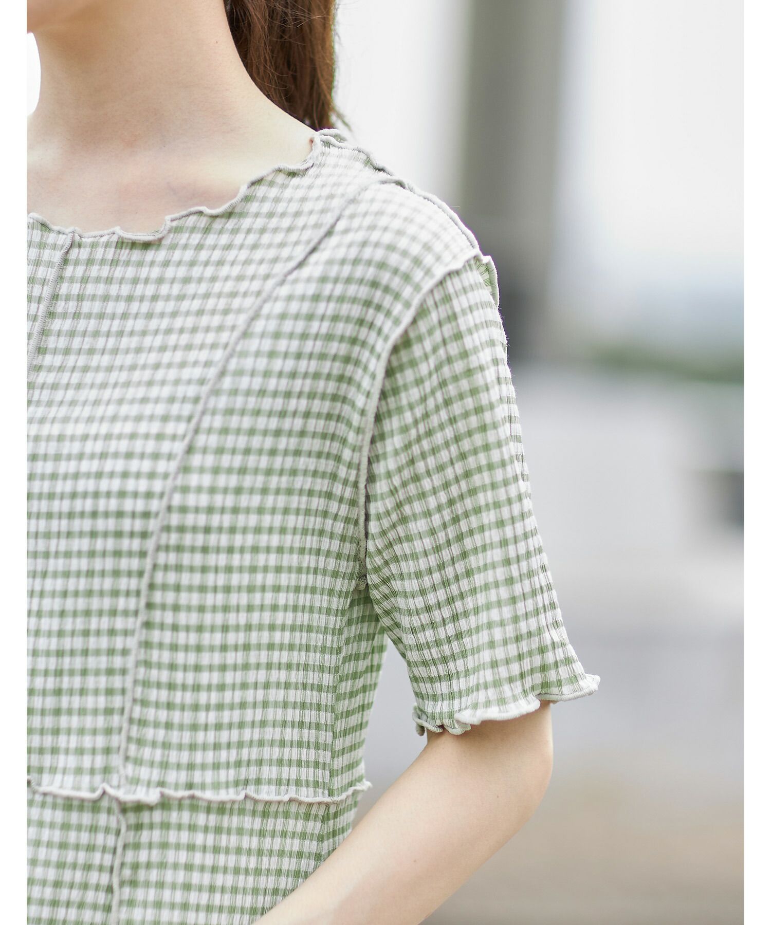 日本 tocco-closet - 修身線條五分袖洋裝-格紋-薄荷