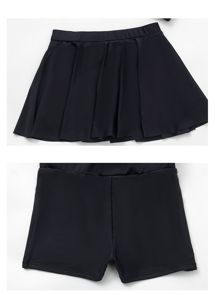 大童女孩運動風短袖泳衣套裝 (二件組)-WOW-黑色-上衣+褲裙