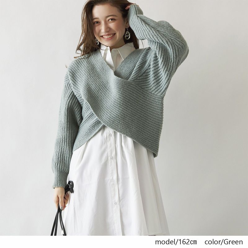 日本 Rejoule - 交叉V領坑羅紋針織毛衣-杏 (M(Free size))